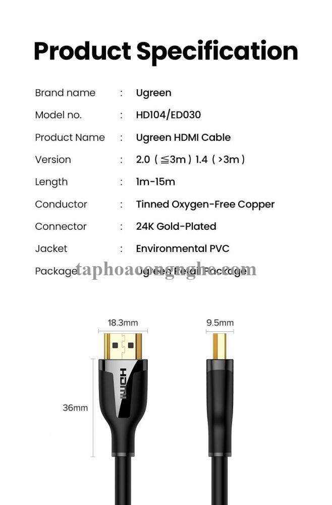 Ugreen 35175 3m 4k60hz v2.0 HDMI Cáp tín hiệu chuẩn 2.0 hỗ trợ phân giải 4K 4k@60hz màu Đen ED030 10035175