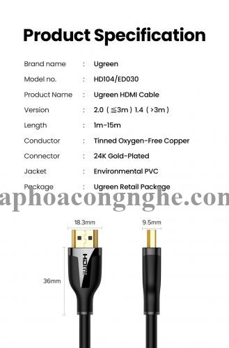 Ugreen 35175 3m 4k60hz v2.0 HDMI Cáp tín hiệu chuẩn 2.0 hỗ trợ phân giải 4K 4k@60hz màu Đen ED030 10035175