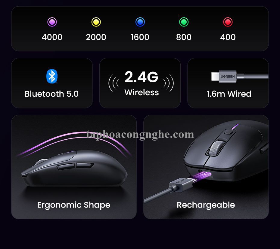Ugreen 90539 5000Dpi Gaming Wireless 2.4G And Bluetooth 5.0 Black Mouse Wired Rechargeable Battery Run All Surface MU103 10090539