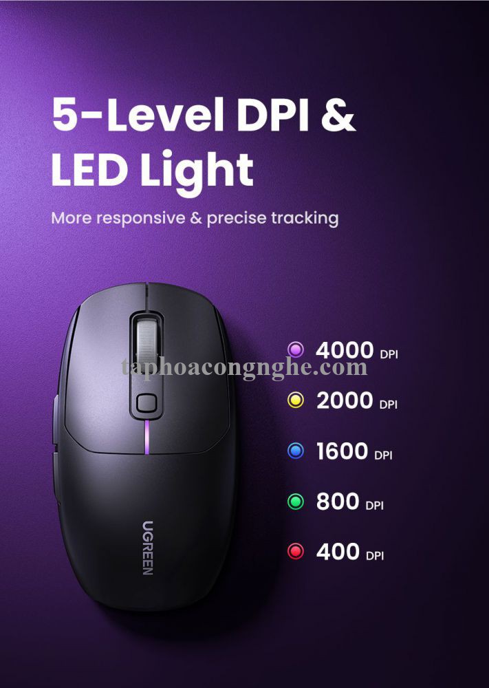 Ugreen 90539 5000Dpi Gaming Wireless 2.4G And Bluetooth 5.0 Black Mouse Wired Rechargeable Battery Run All Surface MU103 10090539