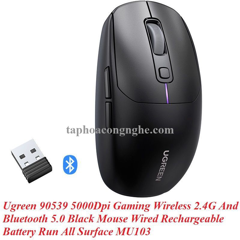 Ugreen 90539 5000Dpi Gaming Wireless 2.4G And Bluetooth 5.0 Black Mouse Wired Rechargeable Battery Run All Surface MU103 10090539