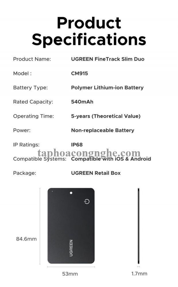 Ugreen 75644 1Pcs Finder Slim Pro 1Pack Google + Apple Certified Tracking Smart Tag Finder Find My Airtag CM915 10075644