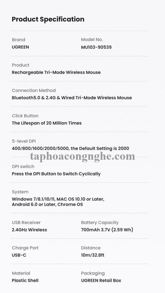 Ugreen 90539 5000Dpi Gaming Wireless 2.4G And Bluetooth 5.0 Black Mouse Wired Rechargeable Battery Run All Surface MU103 10090539