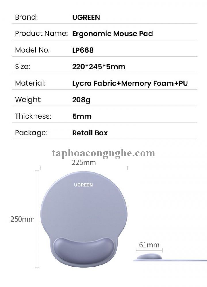 Ugreen 25243 Wrist Rest Ergonomic Precision Mouse Pad Lycra Cloth Pu Bottom Memory Foam Technology Skin-Friendly Non-Slip Mint Green Color LP668 10025243
