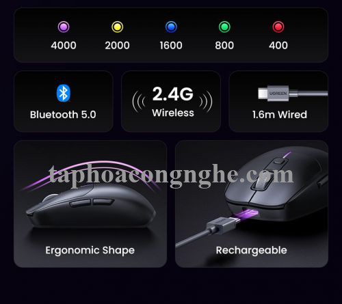 Ugreen 90539 5000Dpi Gaming Wireless 2.4G And Bluetooth 5.0 Black Mouse Wired Rechargeable Battery Run All Surface MU103 10090539