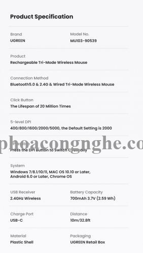 Ugreen 90539 5000Dpi Gaming Wireless 2.4G And Bluetooth 5.0 Black Mouse Wired Rechargeable Battery Run All Surface MU103 10090539